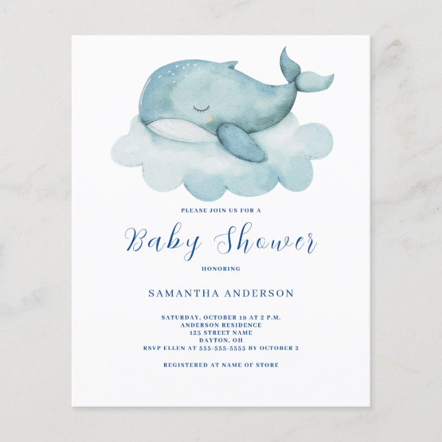 Whale Gender Neutral Budget Baby Shower Invitation Flyer (Front)