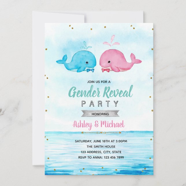 Whale gender reveal party invitation (Front)