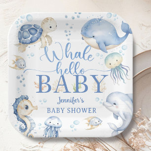 Whale Hello Baby Shower Boy Blue Ocean Paper Plate