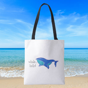 Whale Hello / Cute Blue Whale Coastal Beach Tote Bag