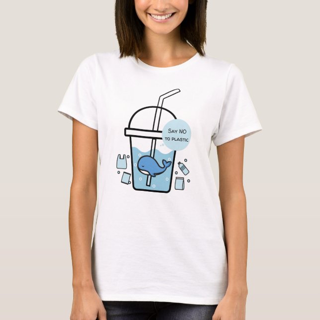 Whale in Cup, No to Plastic Earth Day T-Shirt (Front)