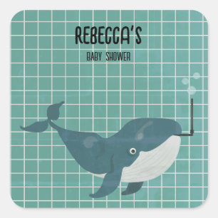 Whale in pool baby shower square sticker
