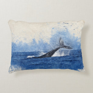 Whale in Sea Birds in Distance Art Decor Gift Decorative Cushion