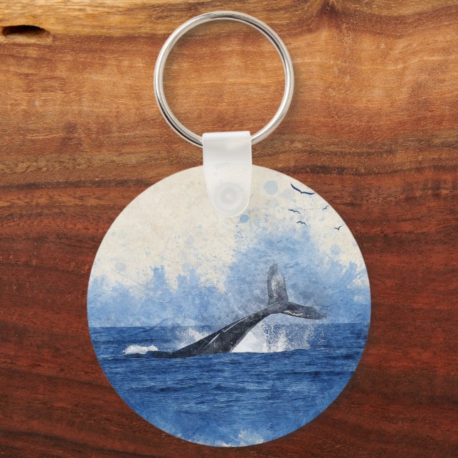Whale in Sea Birds in Distance Art Decor Gift Key Ring (Front)