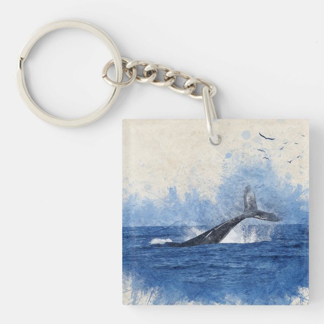 Whale in Sea Birds in Distance Art Decor Gift Key Ring (Front)