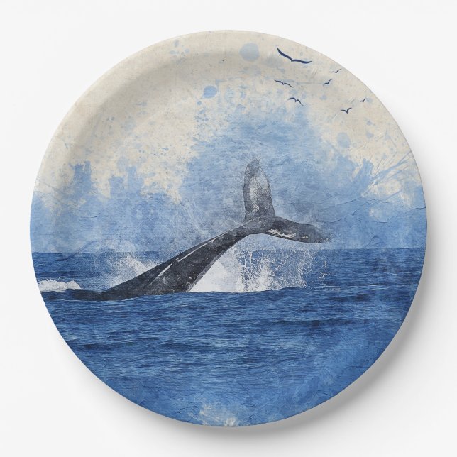 Whale in Sea Birds in Distance Art Decor Gift Paper Plate (Front)