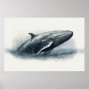 Whale jumping out of ocean illustration  poster
