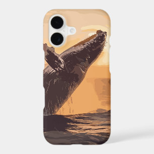 Whale Jumping Sunset Over Ocean Watercolor Art
