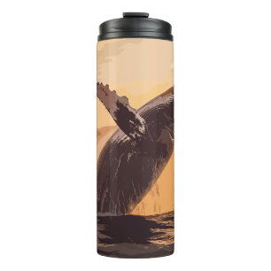 Whale Jumping Sunset Over Ocean Watercolor Art Thermal Tumbler
