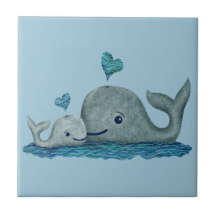 Whale Mum and Baby Swimming in the Sea Ceramic Tile