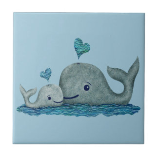 Whale Mum and Baby Swimming in the Sea Ceramic Tile