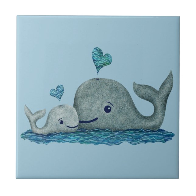 Whale Mum and Baby Swimming in the Sea Ceramic Tile (Front)