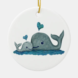 Whale Mum and Baby Swimming in the Sea Ceramic Tree Decoration