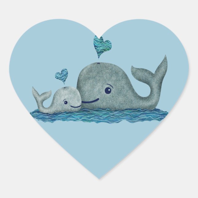 Whale Mum and Baby Swimming in the Sea Heart Sticker (Front)