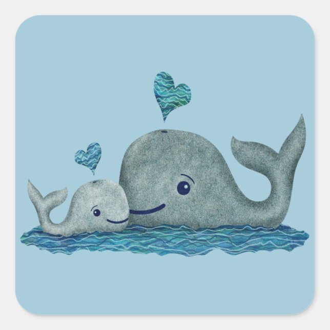 Whale Mum and Baby Swimming in the Sea Square Sticker (Front)