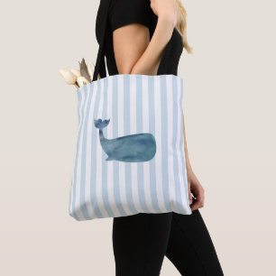Whale Nautical Blue Stripe Beach Vibes Tote Bag