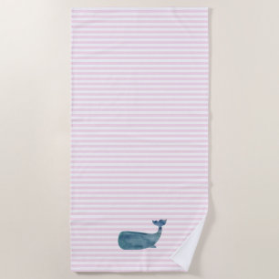 Whale Nautical Blue Stripe Painting Beach Towel
