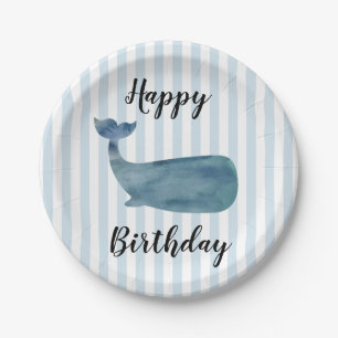 Whale Nautical Happy Birthday Stripe Paper Plates