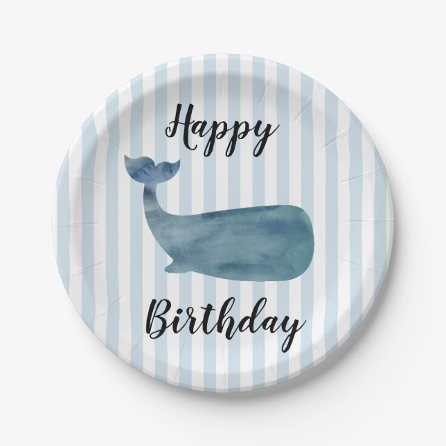 Whale Nautical Happy Birthday Stripe Paper Plates (Front)
