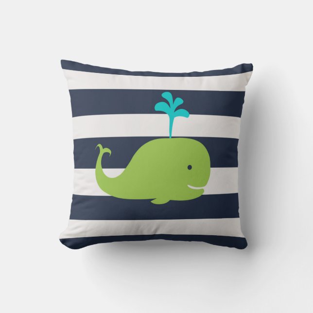 Whale Nautical pillow in Navy Blue Green and White (Front)