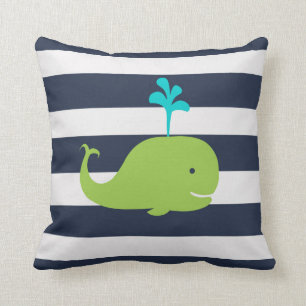 Whale Nautical pillow in Navy Blue Green and White