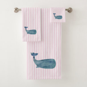 Whale Nautical Pink Stripe Painting Bath Towel Set