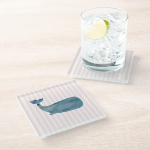 Whale Nautical Pink Stripe Pattern Glass Coaster