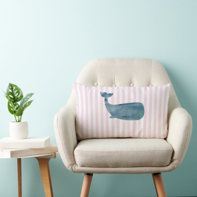 Whale Nautical Pink Stripe Preppy Lumbar Cushion (Chair)