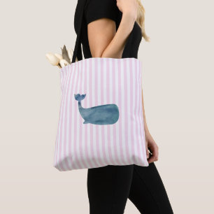 Whale Nautical Pink Stripe Preppy Tote Bag