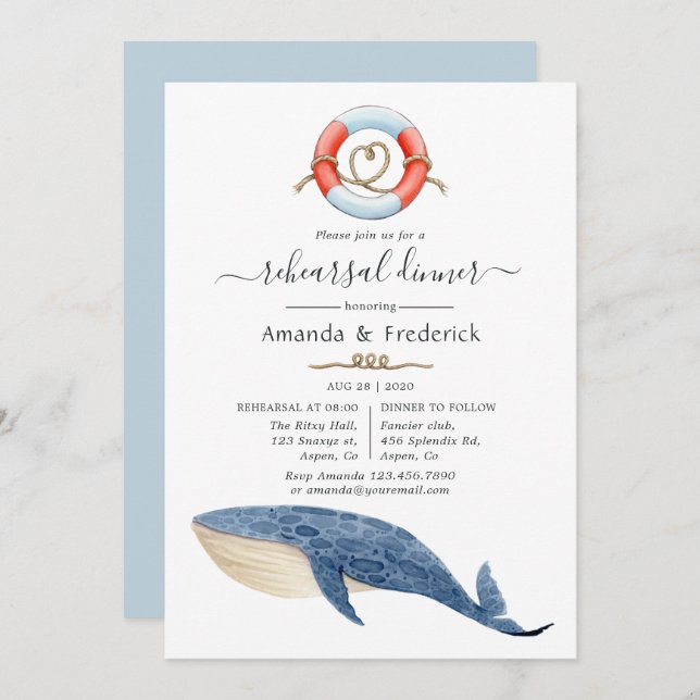 Whale Nautical Wedding Rehearsal Dinner Invitation (Front/Back)