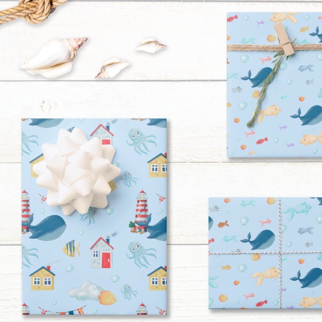 Whale Nautical Wrapping Paper Sheet (Whimsical Nautical Gift Wrap)