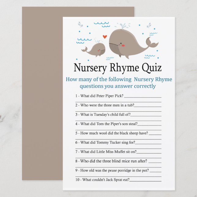 Whale Nursery Rhyme Quiz baby shower game (Front/Back)