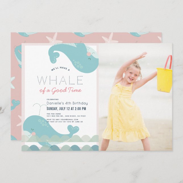 Whale of a Good Time Pink Girl Birthday Photo Invitation (Front/Back)