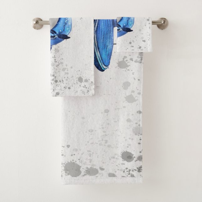 Whale On Cray Splatter & Water Splash Background Bath Towel Set (Insitu)