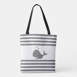 Whale on Grey and White Striped Tote Bag