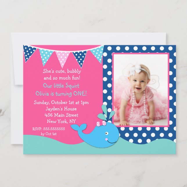 Whale Photo Birthday Party Invitations Girls (Front)