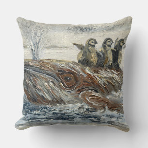 Whale Riders Whimsical Whale and Penguin Ocean Cushion