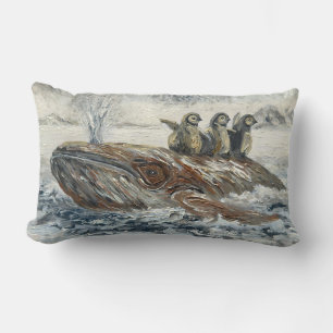 Whale Riders Whimsical Whale and Penguin Ocean Lumbar Cushion