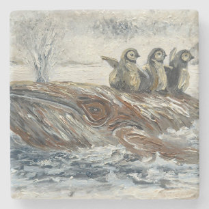 Whale Riders Whimsical Whale and Penguin Ocean Stone Coaster