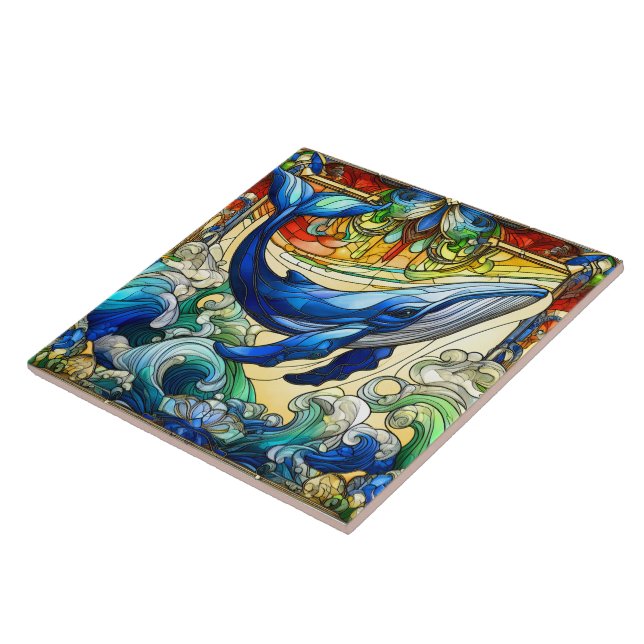 Whale`s Delight A Stained Glass Ocean Tale Ceramic Tile (Side)