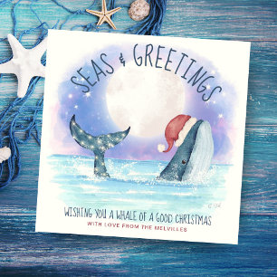 Whale Santa sea Moon & Stars Nautical Christmas Holiday Card