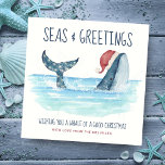 Whale Santa Sea Nautical Funny Christmas Holiday Card<br><div class="desc">Nautical humour Christmas card features a watercolor whale wearing a Santa hat swimming in the sea with string lights decorating its tail. The "Seas & Greetings" and "Wishing you a whale of a good Christmas" greetings,  along with the name can be personalised. Art by KL Stock</div>