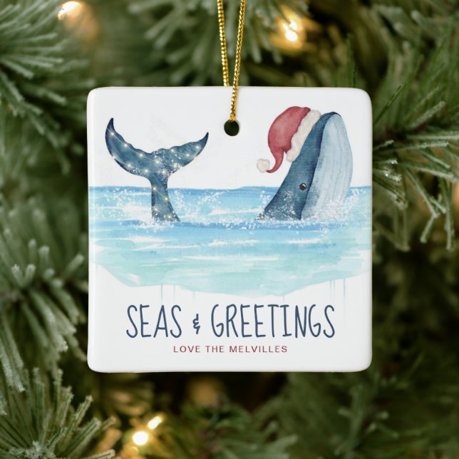 Whale Santa Seas & Greetings Coastal Christmas  Ceramic Ornament (Tree)