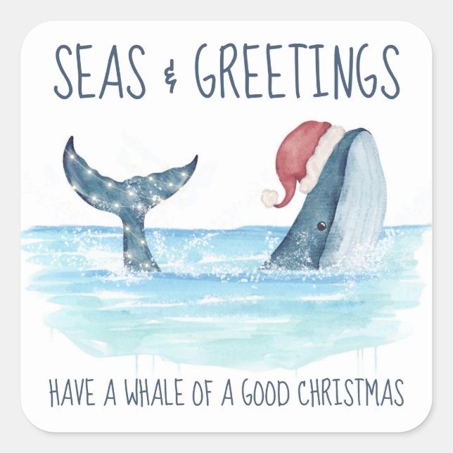 Whale Santa Seas & Greetings Nautical Christmas Square Sticker (Front)