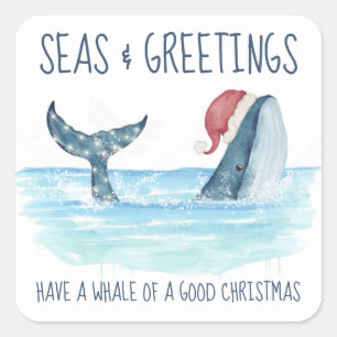 Whale Santa Seas & Greetings Nautical Christmas Square Sticker
