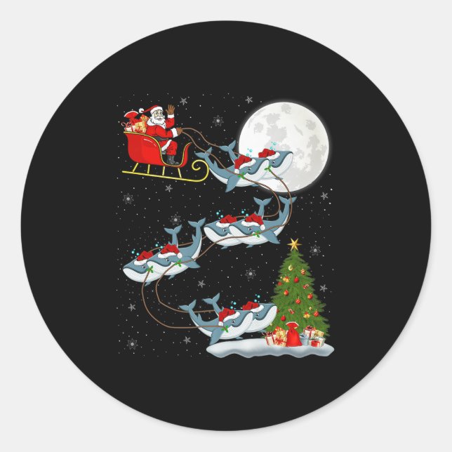 Whale Santa Sleigh Flying Funny Magical Christmas  Classic Round Sticker (Front)