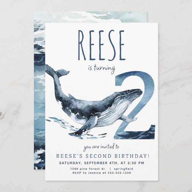 Whale Second Birthday Invitation (Front/Back)