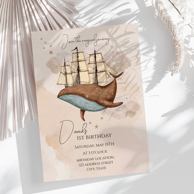 Whale Ship Pastel Gender-Neutral Birthday Invitation (Creator Uploaded)