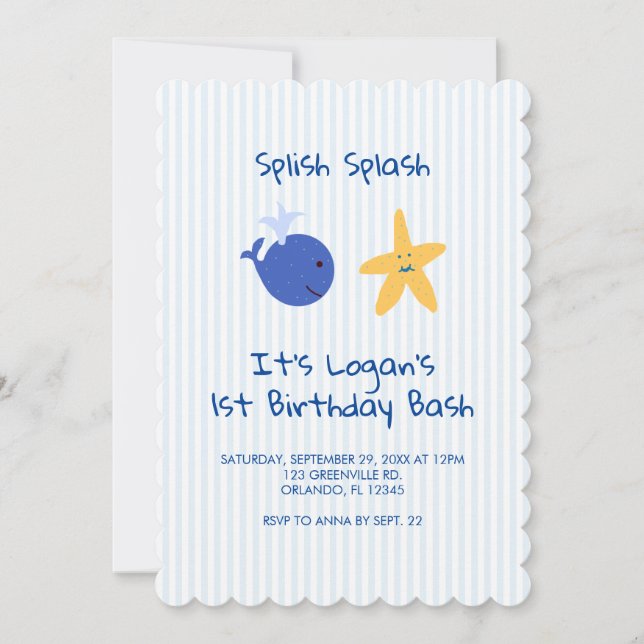 Whale Starfish Nautical  First Birthday Invitation (Front)