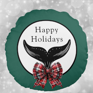 Whale Tail and Plaid Bow Black White Christmas Round Cushion